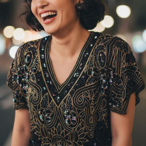 Laurence Kazar Vintage Beaded Cocktail Evening Shift Dress in Black & Gold